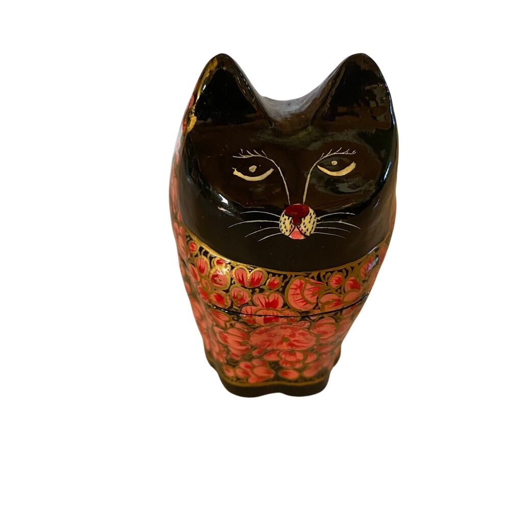 Sudha Style Paper Mache Cat Trinket Box Small Lacquer Paper India Black Pink Red